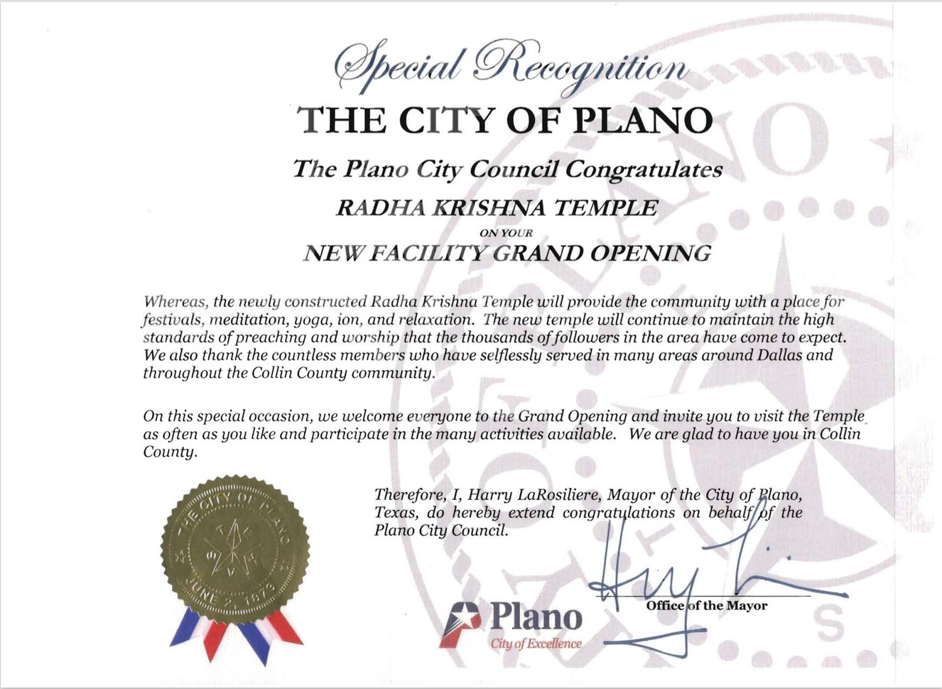 Special Recognition by the Plano City Council