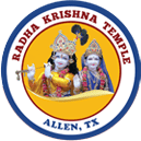 Circle with text Radha Krishna Temple and picture of Krishna and Radha